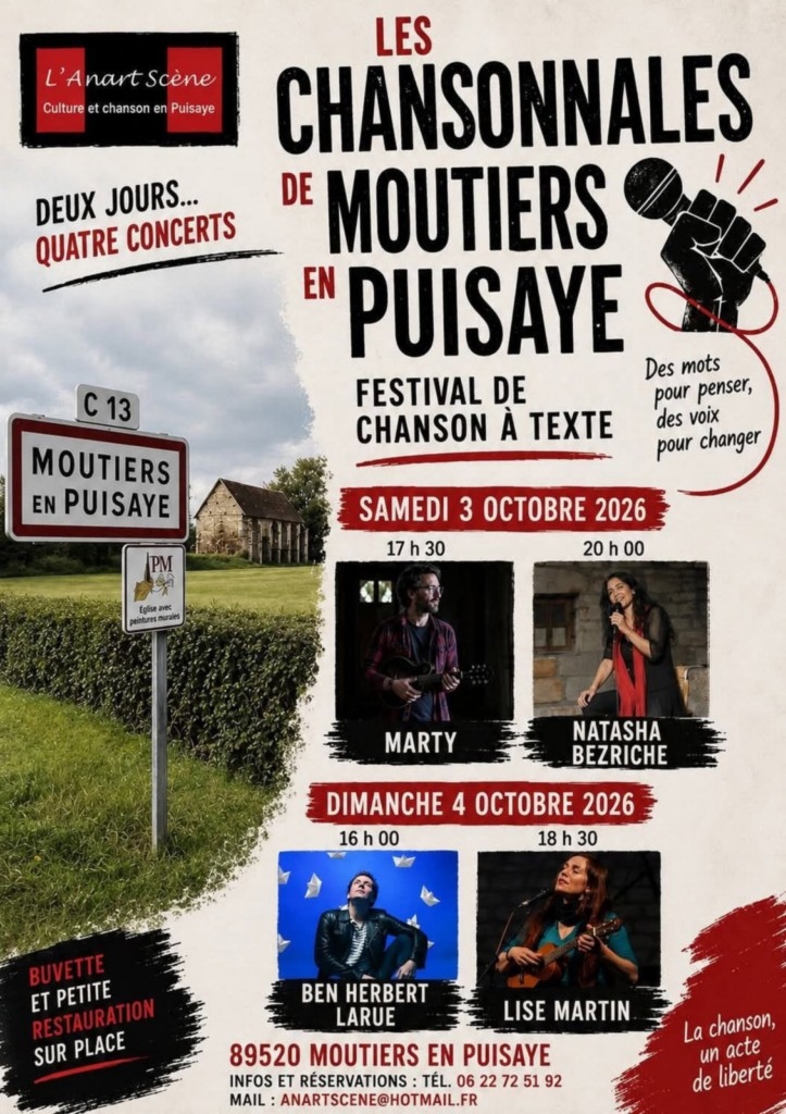 affiche 9èmes Chansonnales de Moutiers-en-Puisaye deux jours quatres concerts